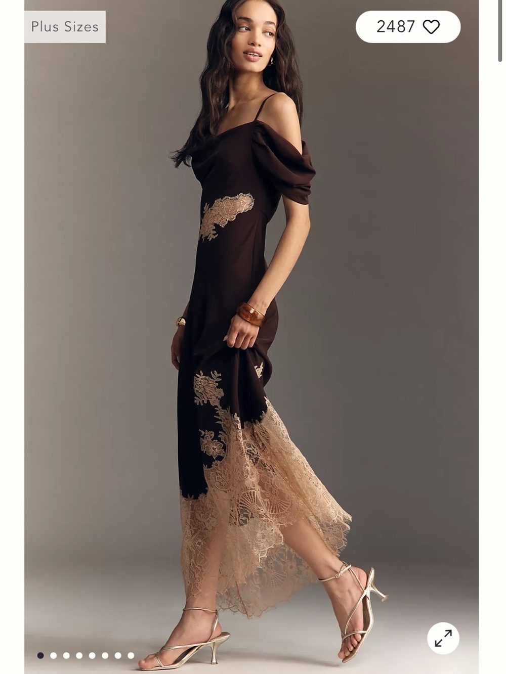 Anthropologie Bl-nk Satin Off-Shoulder Lace Midi Dress Small Reg Chocolate Brown - Picture 1 of 13